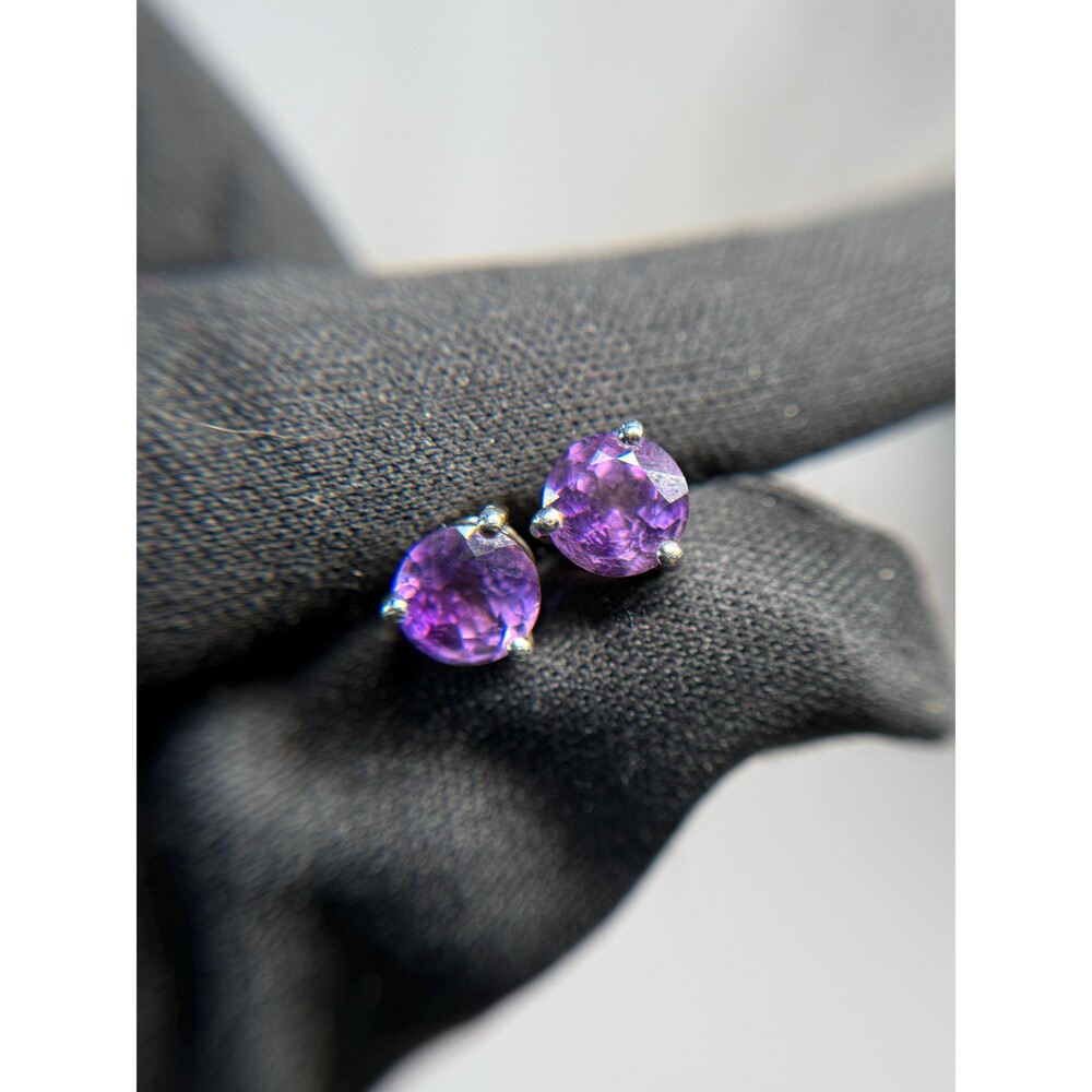 Sterling Silver Amethyst Stud Earrings Round Faceted Purple Gemstone